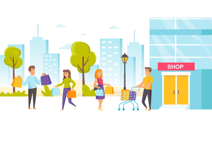 People Shopping Bags Flat Scene Situation