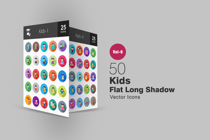 50 Kids Flat Shadowed Icons