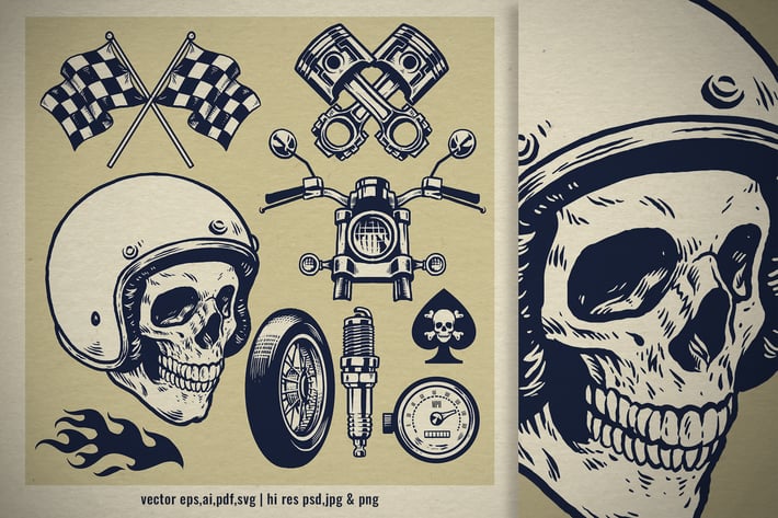 set of hand drawn vintage motorcycle concept