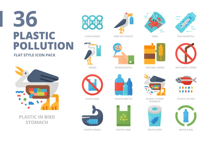 Plastic Pollution Flat Style Icon Set