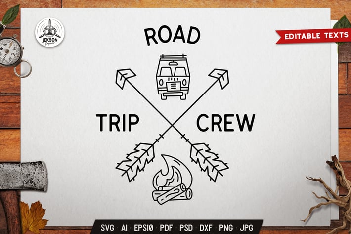 Road Trip Crew Badge Design. Line Art Label