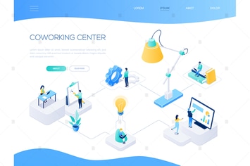 Coworking center - colorful isometric web banner