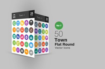50 Town Flat Round Icons