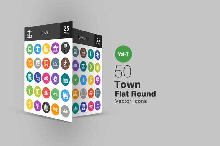 50 Town Flat Round Icons
