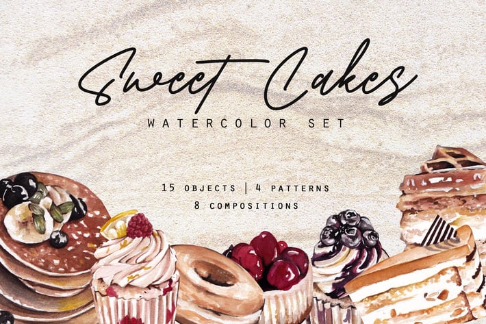 Sweet Cakes Watercolor and Pattern