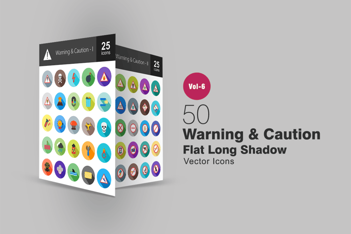 50 Warning & Caution Flat Shadowed Icons