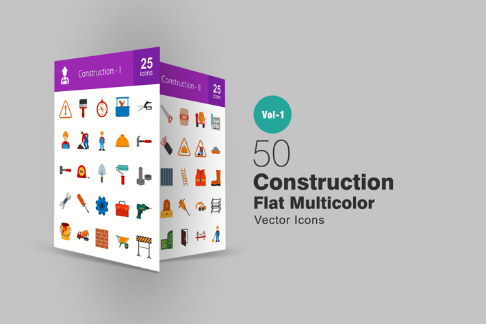 50 Construction Flat Multicolor Icons