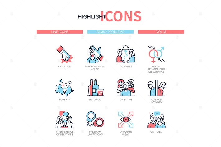Family psychological problems - line icons set