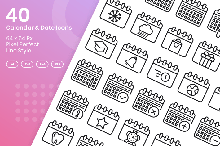 40 Calendar & Date Icons Set - Line