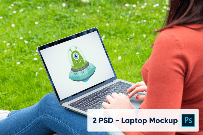 Woman using laptop in the garden - 2 PSD Mockups