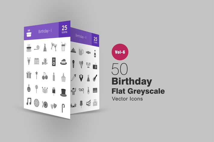 50 Birthday Flat Greyscale Icons