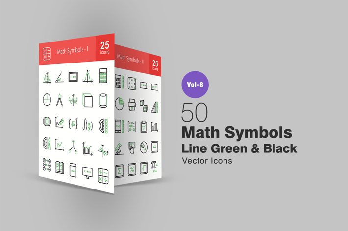 50 Math Symbols Green & Black Line Icons