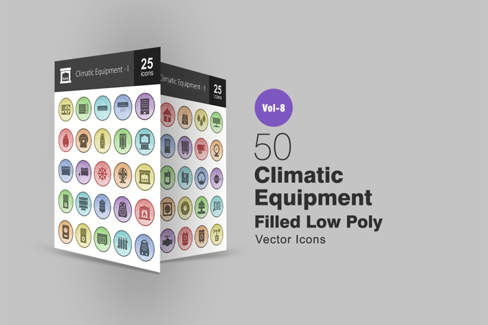 50 Climatic Equipment Filled Low Poly Icons