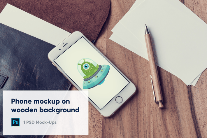 Phone and Blank Paper on Wooden Background Mockup