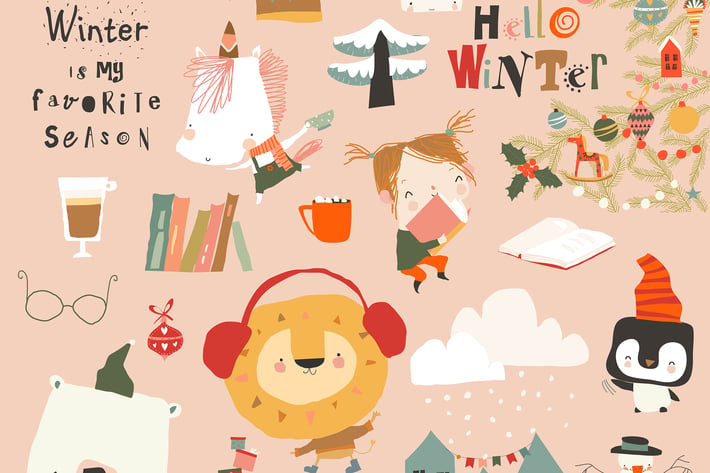 Winter set with Cute Animals, Girl and Holiday 