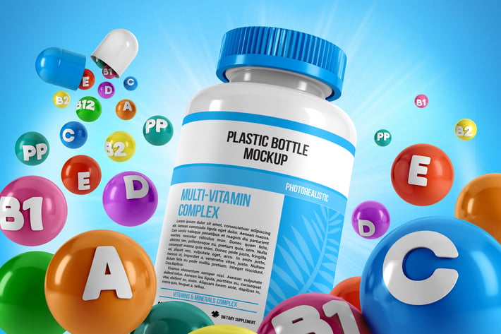 Plastic Pill Bottle With Colorful Vitamins Mockup