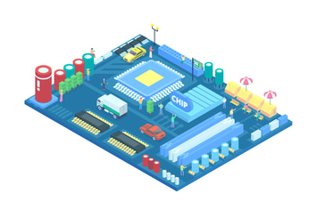 Isometric Urban City in a Circuit Board Vector