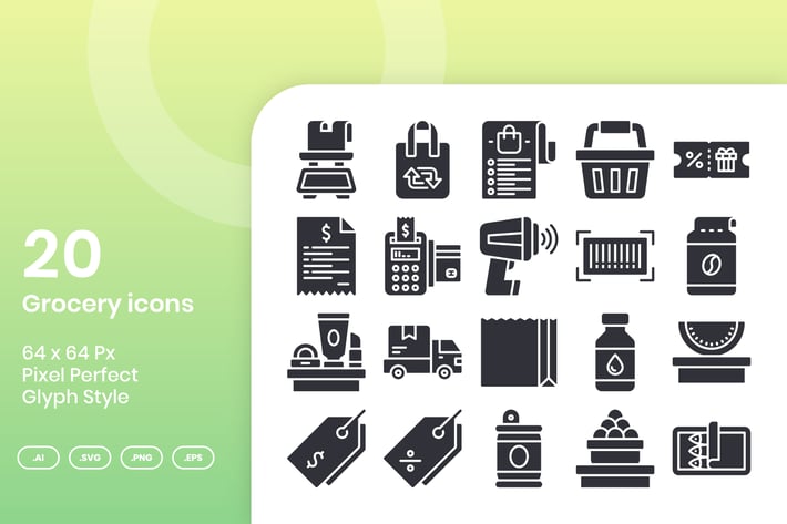 20 Grocery  Icons Set - Glyph