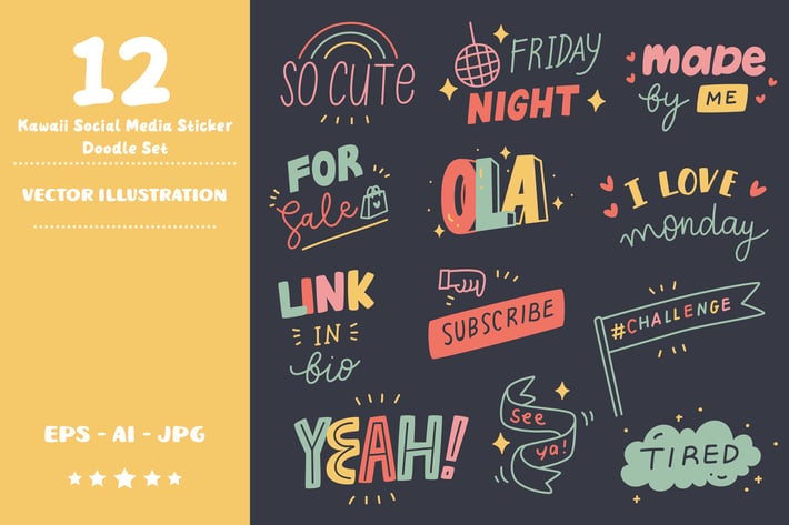 Kawaii Social Media Stickers Doodle Set