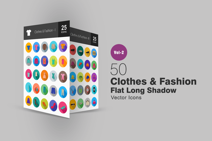50 Clothes & Fashion Flat Long Shadow Icons