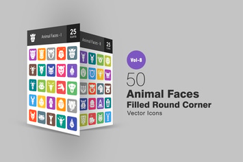 50 Animal Faces Filled Round Corner Icons