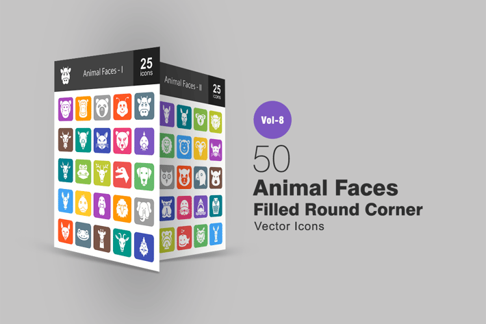 50 Animal Faces Filled Round Corner Icons
