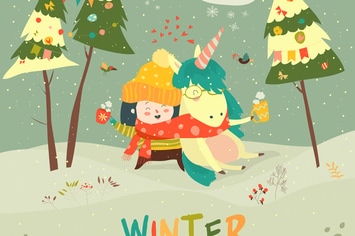 Cute girl hugging unicorn. Winter wonderland. 