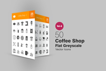 50 Coffee Shop Flat Greyscale Icons