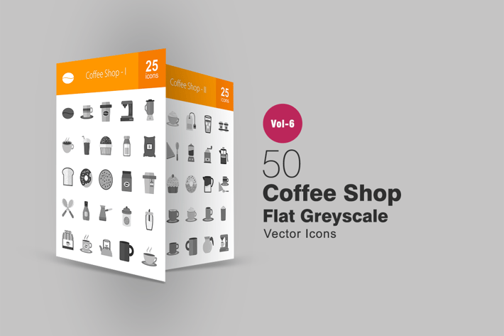 50 Coffee Shop Flat Greyscale Icons