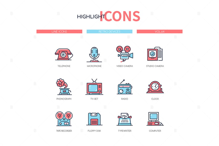 Retro devices - line design style icons set