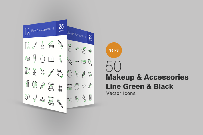 50 Makeup & Accessories Line Green & Black Icons