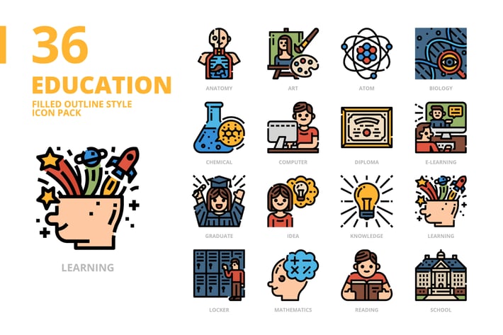 Education Filled Outline Style Icon Set