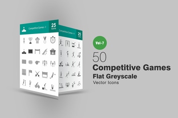 50 Competitive Games Flat Greyscale Icons