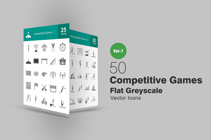 50 Competitive Games Flat Greyscale Icons