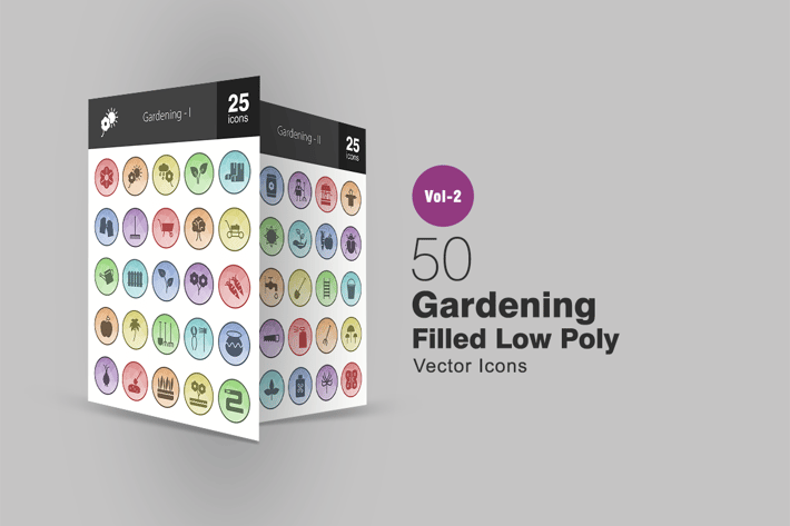 50 Gardening Filled Low Poly Icons