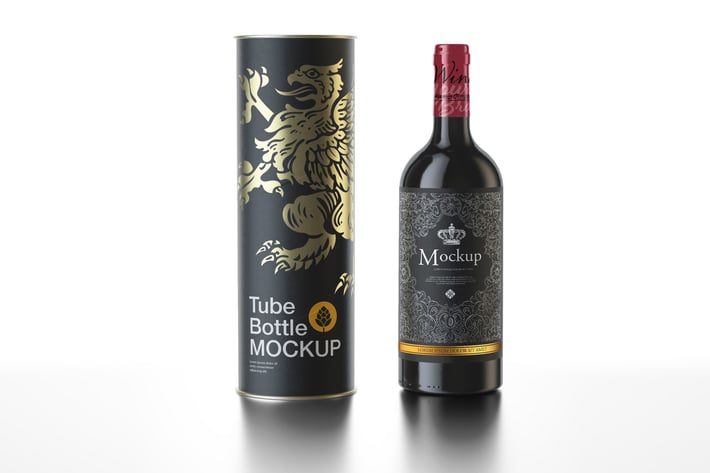 Red Wine Bottle with Paper Tube  Mockup