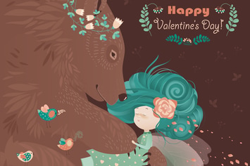 Bear hugging cute girl. Vector romantic card
