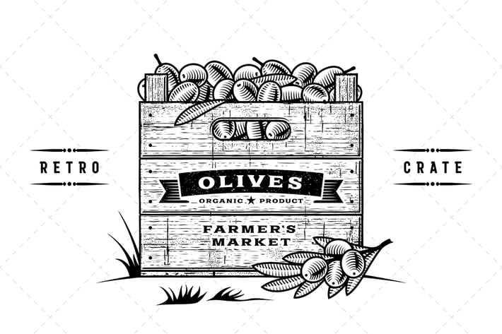 Retro Crate Of Olives Black And White