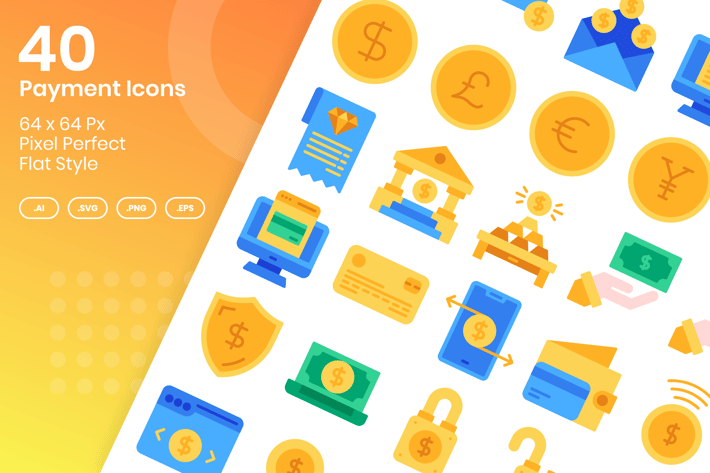 40 Payment Icons Set - Flat
