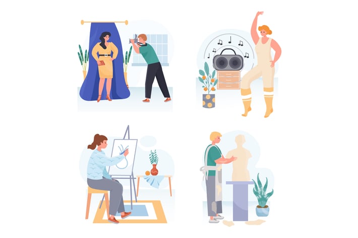 People Do Their Favorite Hobby Concept Scenes Set