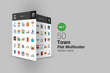 50 Town Flat Multicolor Icons