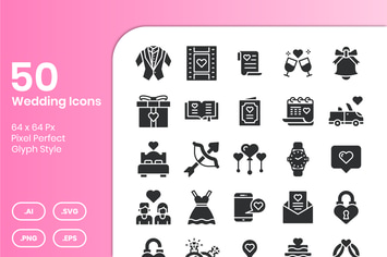 50 Wedding Icons Set - Glyph