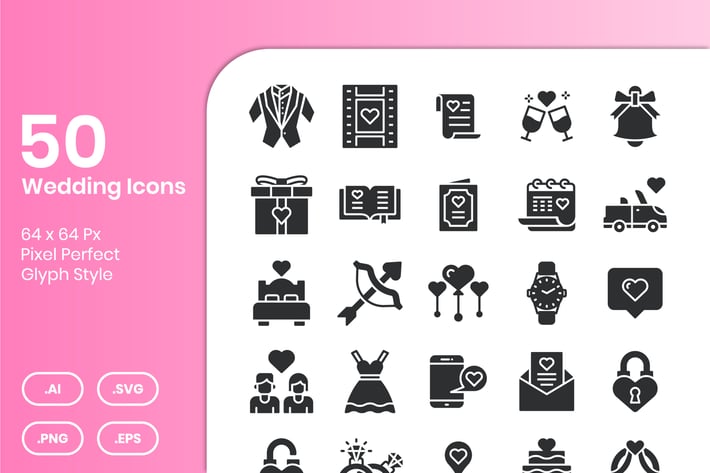50 Wedding Icons Set - Glyph