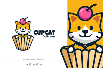 Cup and Cat Cartoon Logo