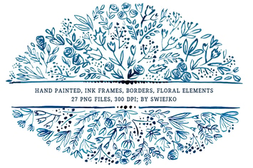 Ink elements, borders, frames, bouquetes