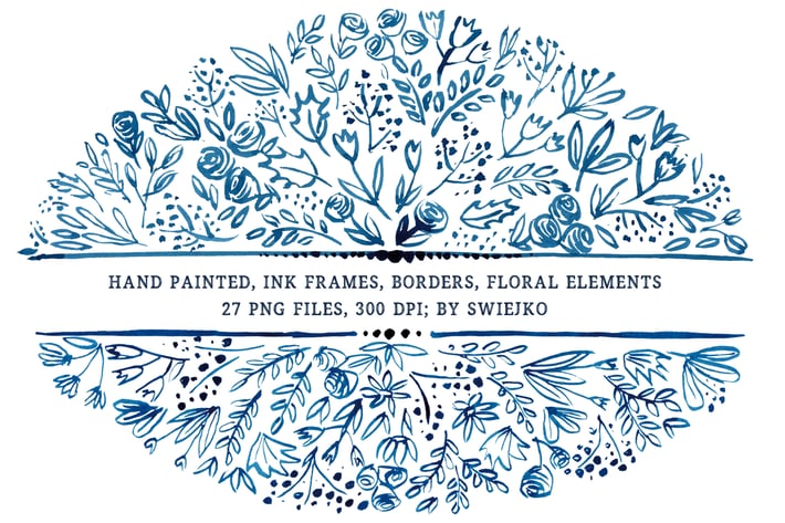 Ink elements, borders, frames, bouquetes