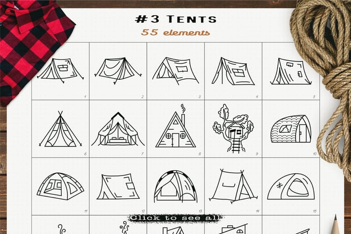 Camping Tents Icons Set Line Art Graphics Symbols