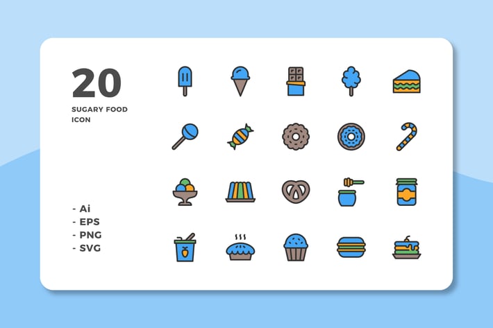 20 Sugary Food Icons (Lineal Color)