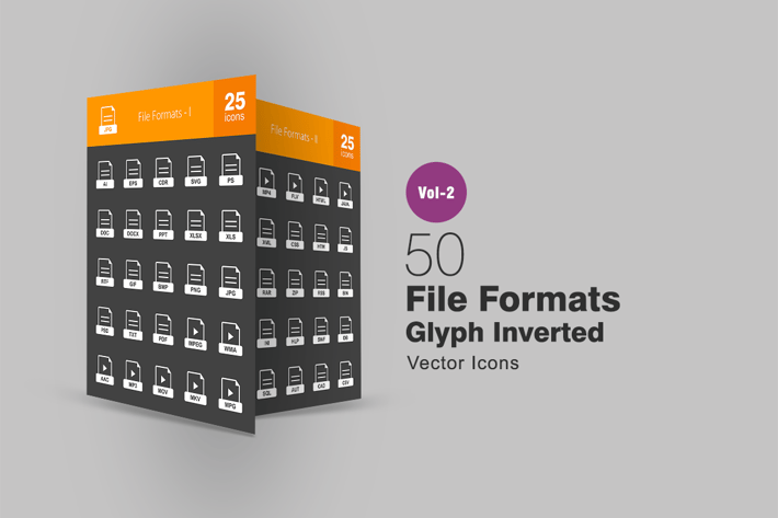 50 File Formats Glyph Inverted Icons
