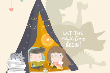 Kids reading book in a teepee tent . Vector Illust